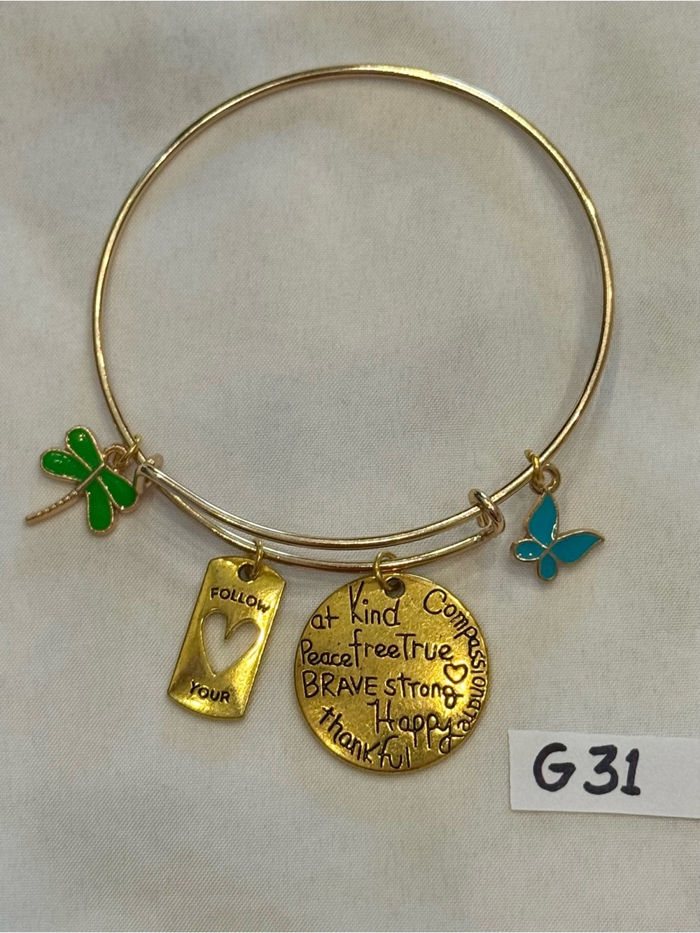 G31 Be Kind Heart Love Dragonfly Charm Bangle Bracelet